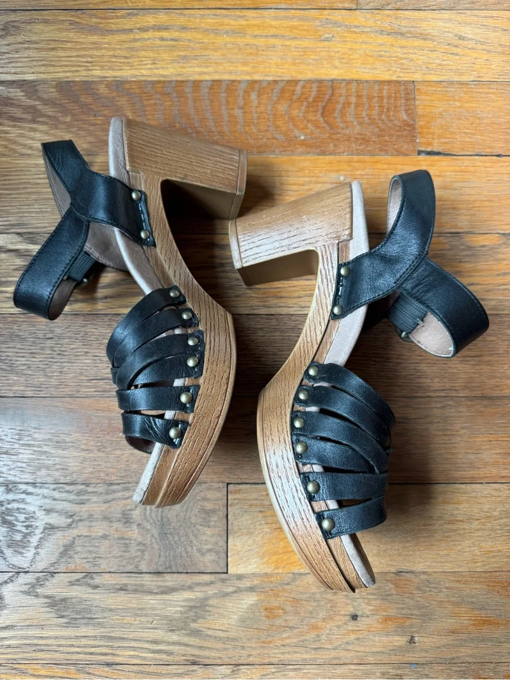 Dansko Black Leather Woven Strap Ankle Sandals